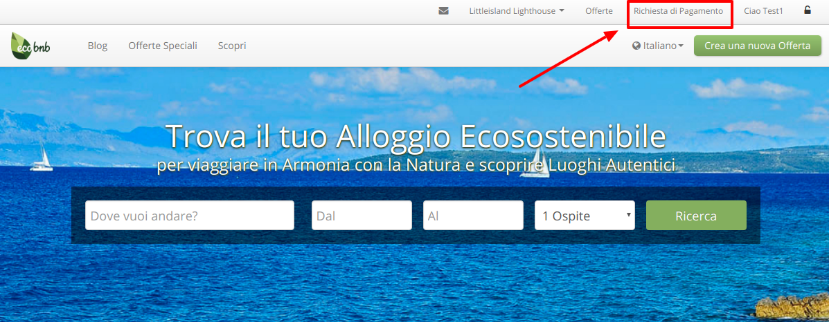 Ecobnb Homepage, après la connexion, en haut à droite du menu, vous trouverez le bouton "Demande de paiement"