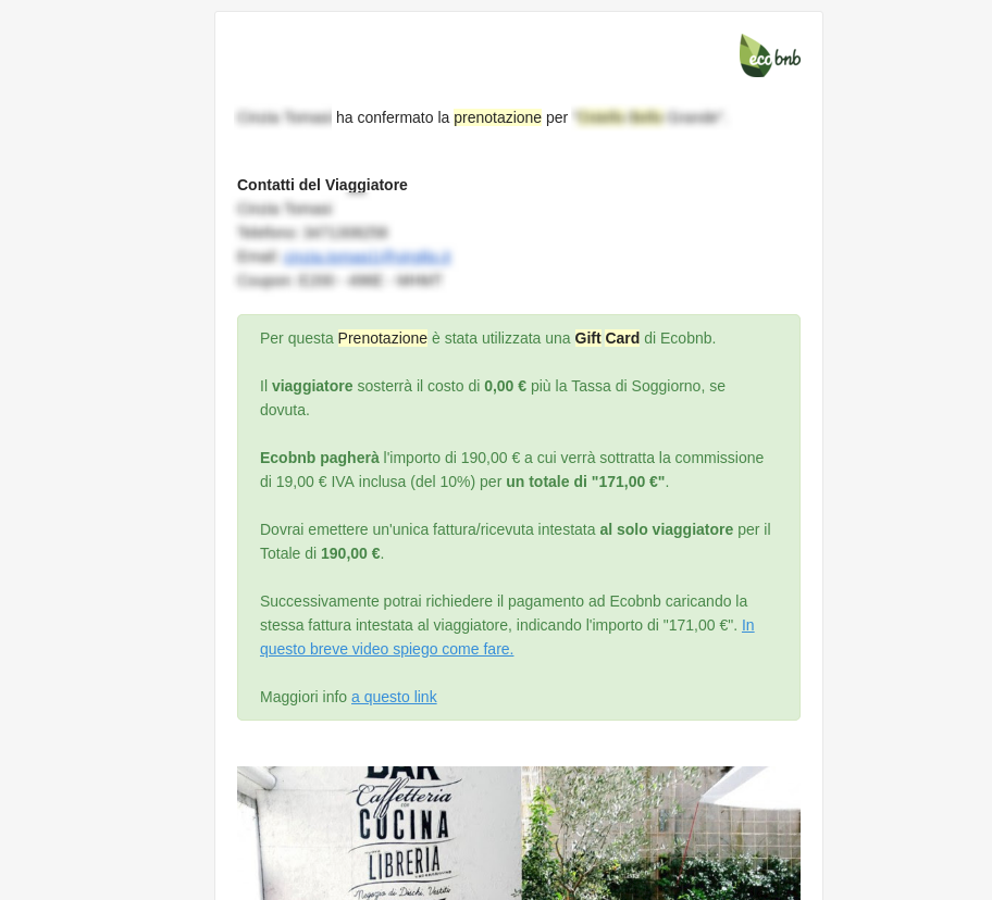 Exemple de message avec Green Box qui distingue la Réservation avec carte-cadeau (Gift-Card)